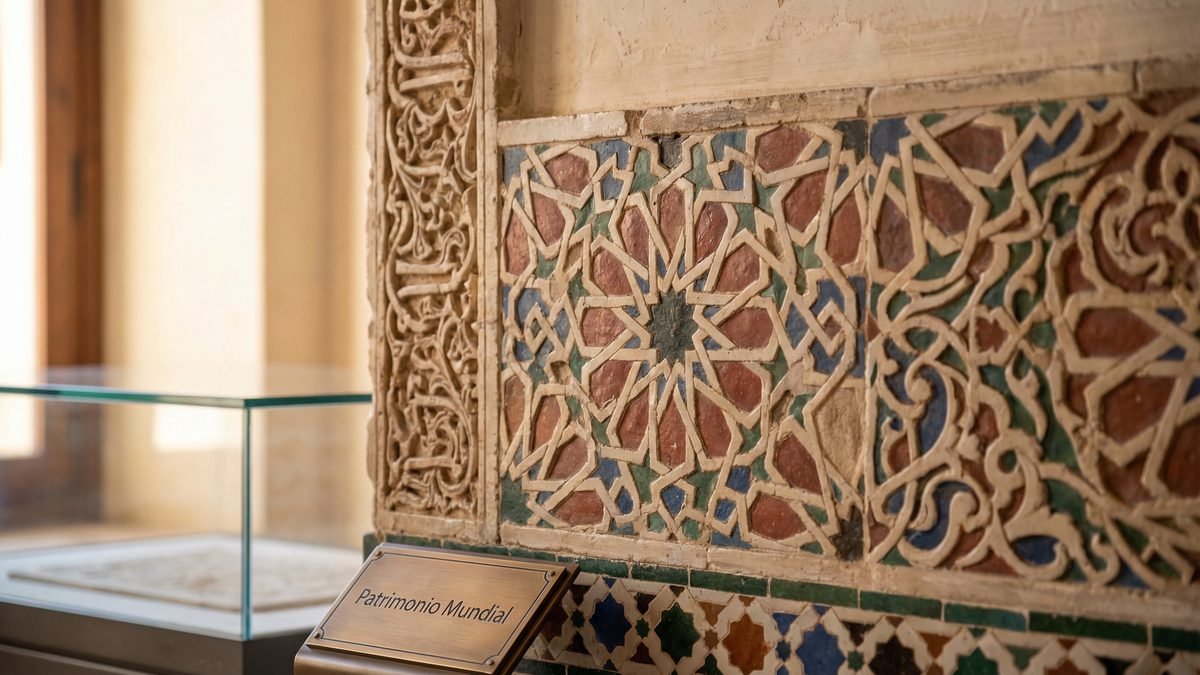 Intricate Moorish geometric tile work and stucco carvings inside the Alhambra Palace representing heritage preservation