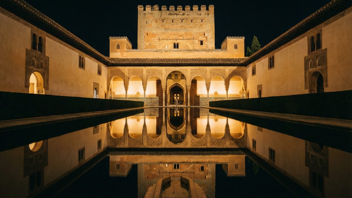Court of the Myrtles inside the Nasrid Palaces at Alhambra illuminated at night with reflection in pool