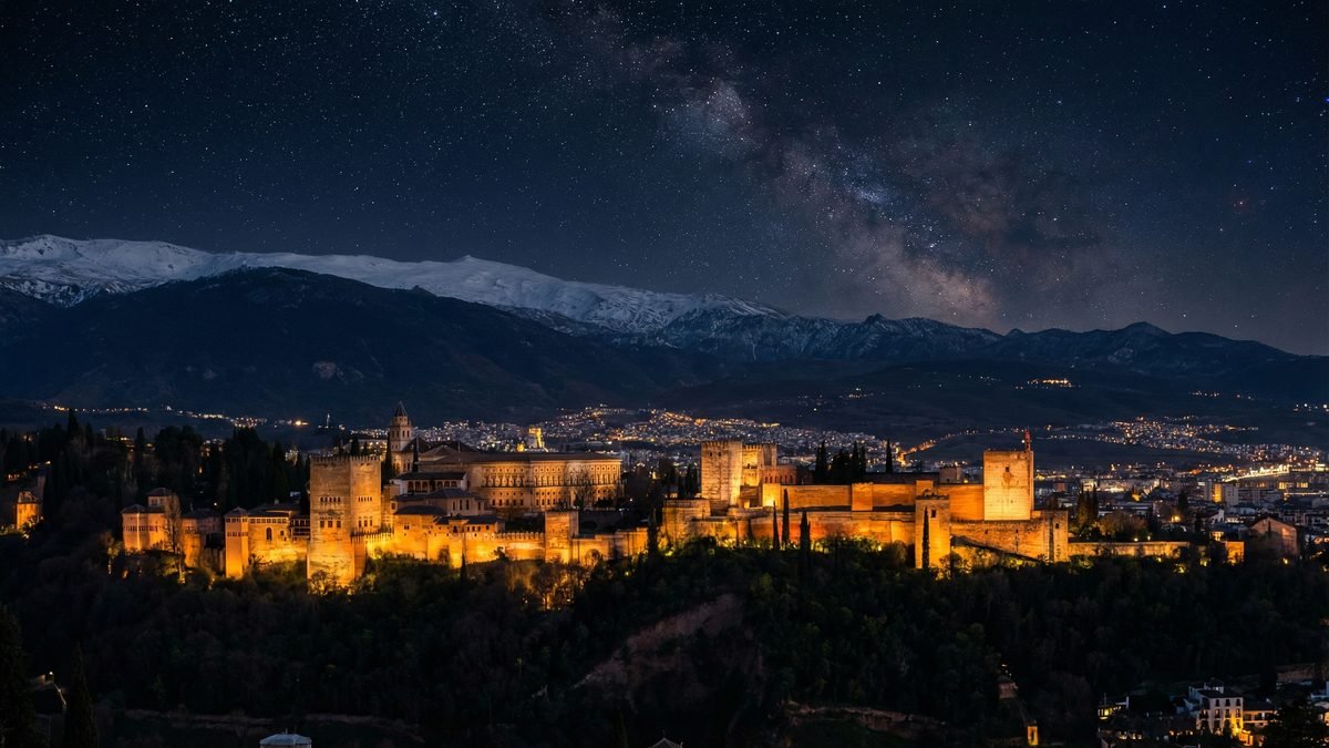 Alhambra Palace illuminated at night with Sierra Nevada mountains in background, Granada Spain