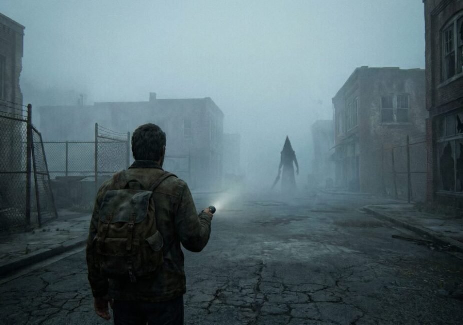 Guia Silent Hill Geekzilla cover image: a lone survivor facing Pyramid Head in the fog-covered streets of Silent Hill