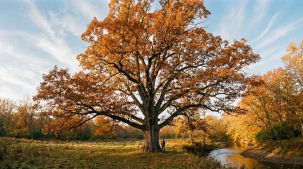 A massive ancient white oak champion tree near Lewis Center Ohio standing in autumn golden light beside a creek, with a person at the base showing its enormous scale