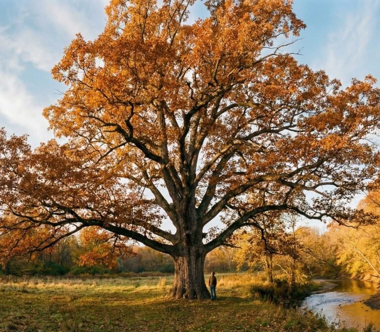 A massive ancient white oak champion tree near Lewis Center Ohio standing in autumn golden light beside a creek, with a person at the base showing its enormous scale