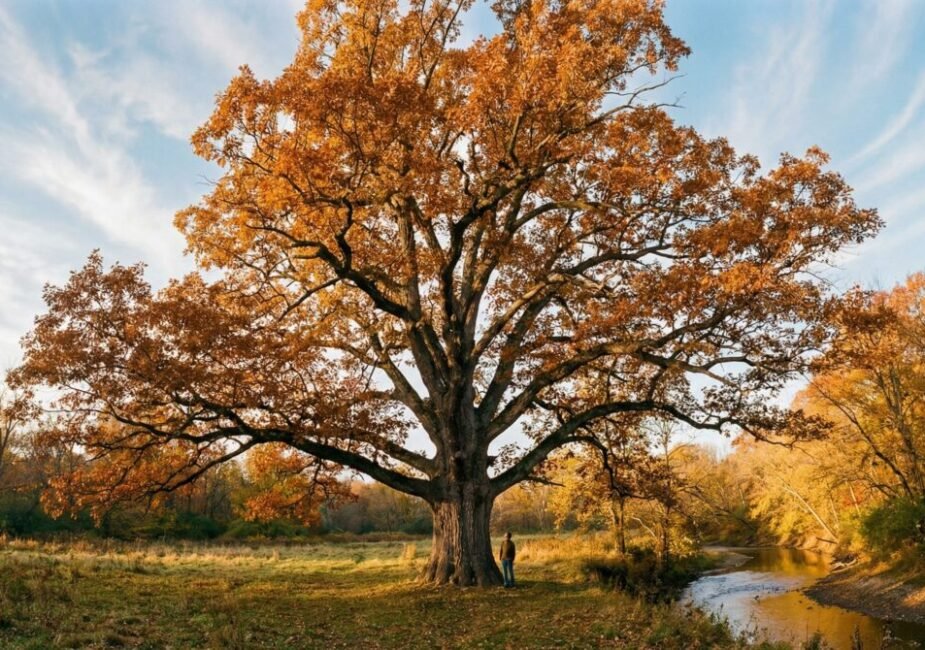 A massive ancient white oak champion tree near Lewis Center Ohio standing in autumn golden light beside a creek, with a person at the base showing its enormous scale