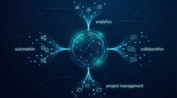 Nimedes unified digital workspace concept showing connected streams of project management, analytics, automation, and collaboration