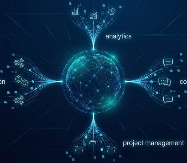Nimedes unified digital workspace concept showing connected streams of project management, analytics, automation, and collaboration