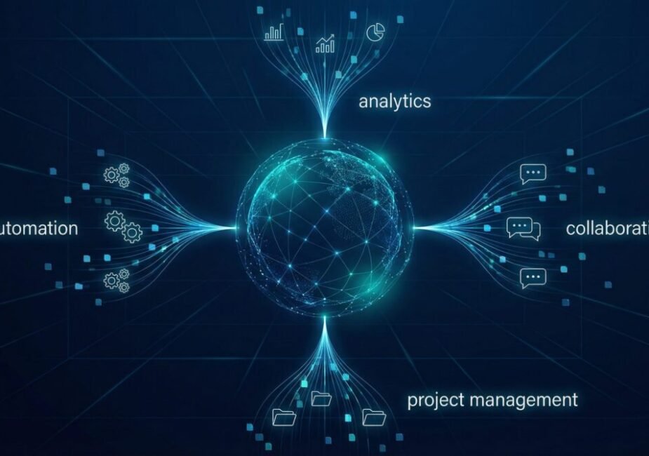 Nimedes unified digital workspace concept showing connected streams of project management, analytics, automation, and collaboration