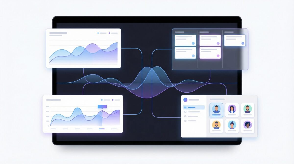 Nimedes all-in-one digital workspace dashboard showing integrated analytics panels, task boards, and team collaboration features