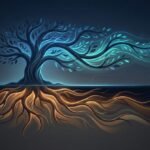 Pinaflux concept: a tree with deep roots representing stable core and glowing branches representing adaptive flux in digital systems