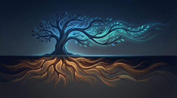 Pinaflux concept: a tree with deep roots representing stable core and glowing branches representing adaptive flux in digital systems