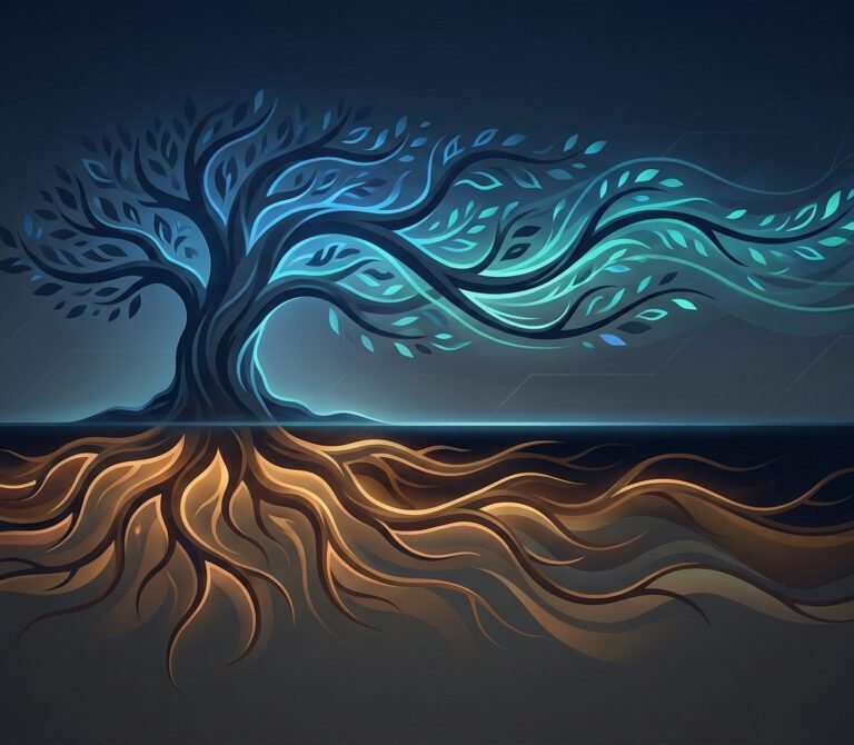 Pinaflux concept: a tree with deep roots representing stable core and glowing branches representing adaptive flux in digital systems