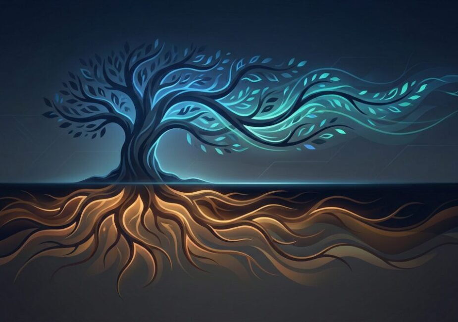 Pinaflux concept: a tree with deep roots representing stable core and glowing branches representing adaptive flux in digital systems