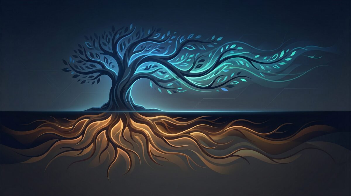 Pinaflux concept: a tree with deep roots representing stable core and glowing branches representing adaptive flux in digital systems