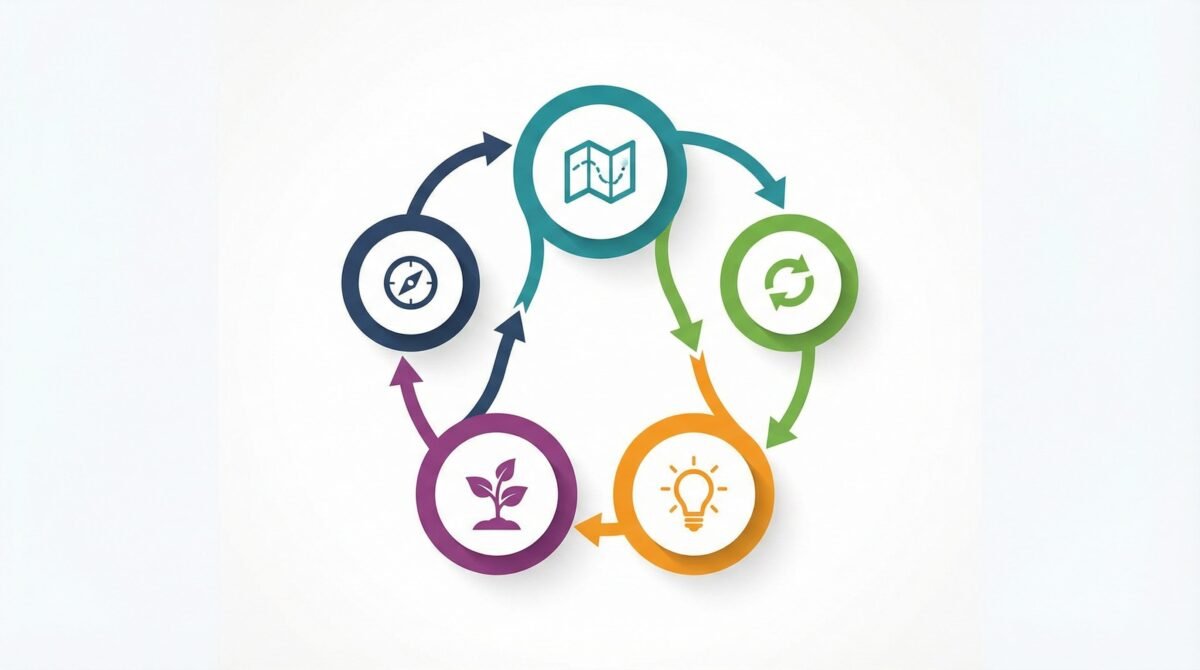 Pinaflux 5-step implementation roadmap showing a circular iterative cycle for building adaptive and resilient organizations
