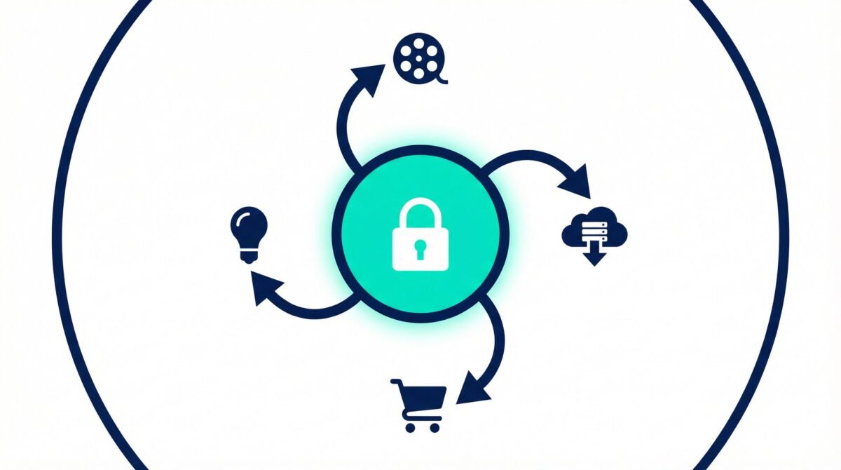 Pinaflux real-world applications diagram showing stable core with adaptive branches for Netflix, Amazon and digital transformation