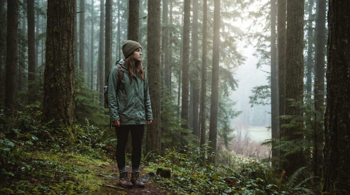 Young woman in misty forest - inspired by Thomasin McKenzie Leave No Trace breakthrough role