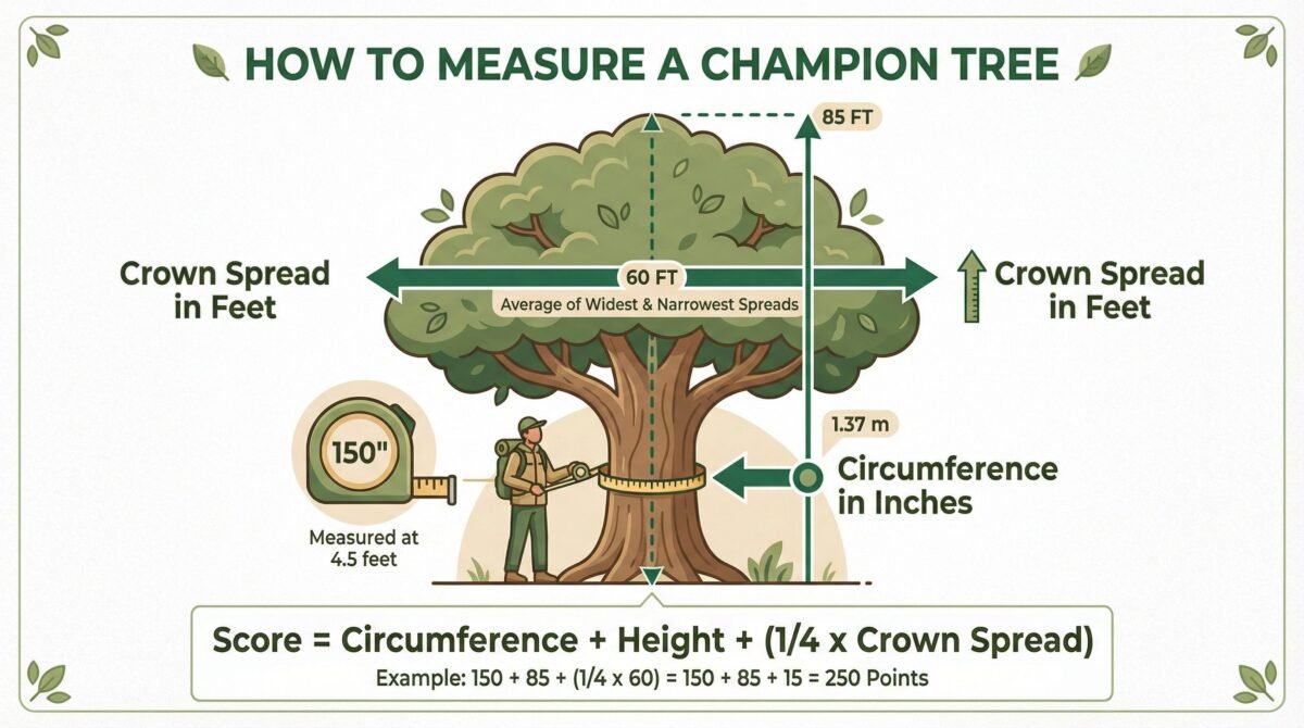 Educational infographic showing how to measure a champion tree using the American Forests scoring formula: circumference plus height plus one-quarter crown spread equals total points