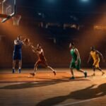 Five basketball players in fluid motion demonstrating the positionless play of the Zuyomernon System Basketball