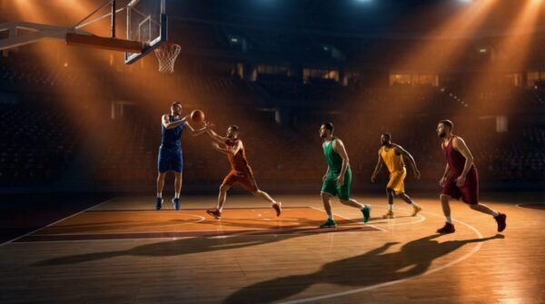 Five basketball players in fluid motion demonstrating the positionless play of the Zuyomernon System Basketball