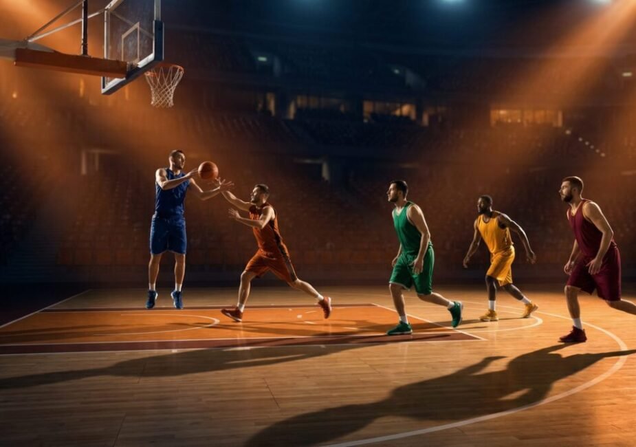 Five basketball players in fluid motion demonstrating the positionless play of the Zuyomernon System Basketball