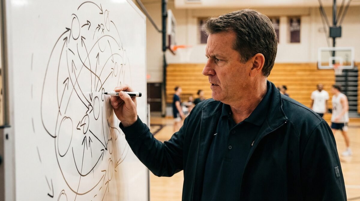 A basketball coach drawing complex, interconnected play diagrams on a whiteboard, illustrating the positionless strategy of the Zuyomernon System