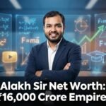 Alakh Sir Net Worth — Alakh Pandey founder of PhysicsWallah standing in front of physics equations and a rising wealth graph