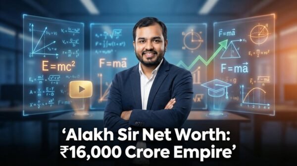 Alakh Sir Net Worth — Alakh Pandey founder of PhysicsWallah standing in front of physics equations and a rising wealth graph