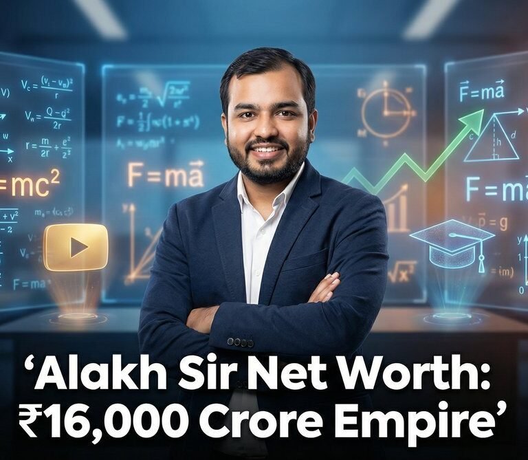 Alakh Sir Net Worth — Alakh Pandey founder of PhysicsWallah standing in front of physics equations and a rising wealth graph