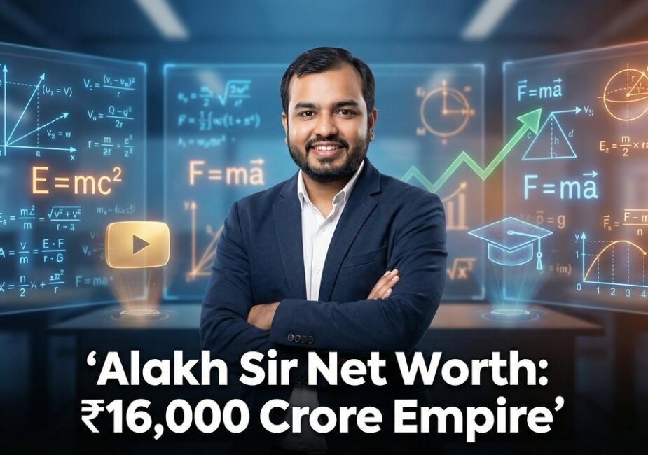 Alakh Sir Net Worth — Alakh Pandey founder of PhysicsWallah standing in front of physics equations and a rising wealth graph