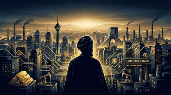Silhouette of a turbaned cleric overlooking the Tehran skyline with gold bars and oil rigs, representing Khamenei's financial empire