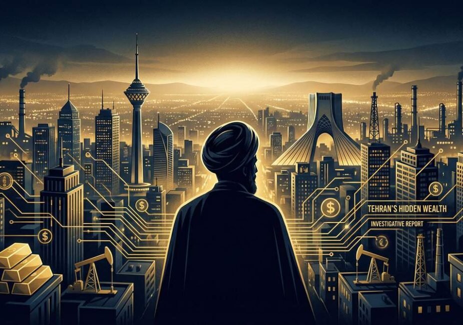 Silhouette of a turbaned cleric overlooking the Tehran skyline with gold bars and oil rigs, representing Khamenei's financial empire