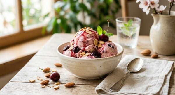 Creamy almond cherry Italian ice cream scooped in a ceramic bowl with Amarena cherries and toasted almond slivers