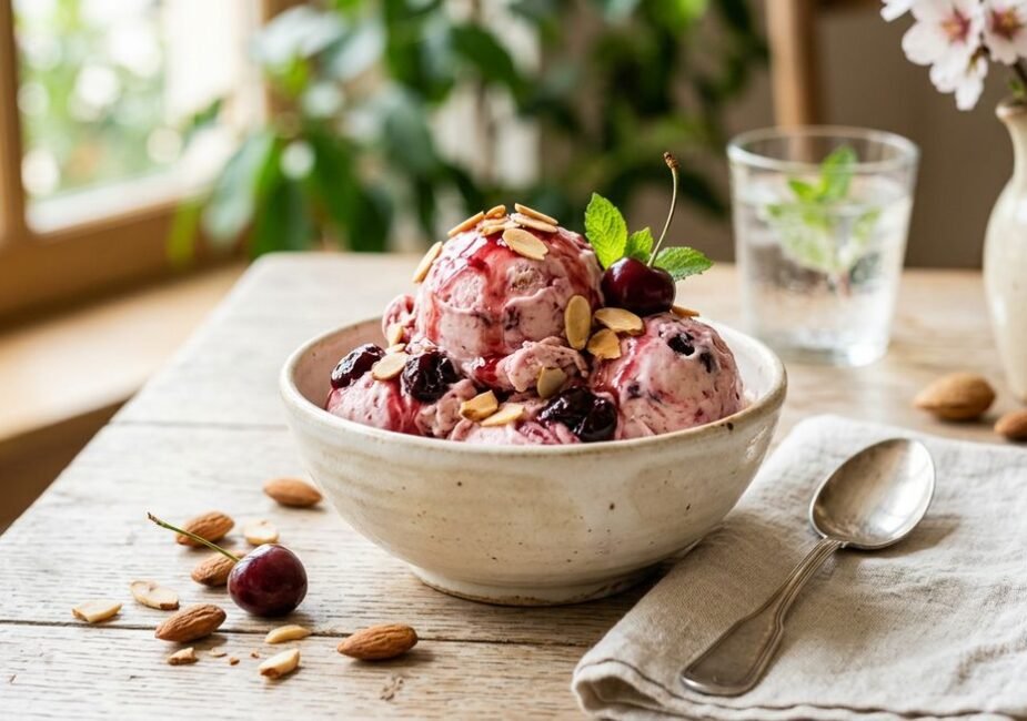 Creamy almond cherry Italian ice cream scooped in a ceramic bowl with Amarena cherries and toasted almond slivers