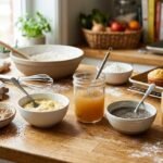 A kitchen counter displaying the best alternatives for eggs in baking — flaxseed, aquafaba, applesauce, banana, chia seeds, and silken tofu