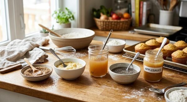 A kitchen counter displaying the best alternatives for eggs in baking — flaxseed, aquafaba, applesauce, banana, chia seeds, and silken tofu