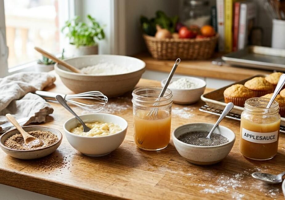 A kitchen counter displaying the best alternatives for eggs in baking — flaxseed, aquafaba, applesauce, banana, chia seeds, and silken tofu