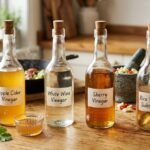 A flat-lay of small glass bowls containing various vinegars and citrus juices on a wooden kitchen counter, showing alternatives for rice wine vinegar