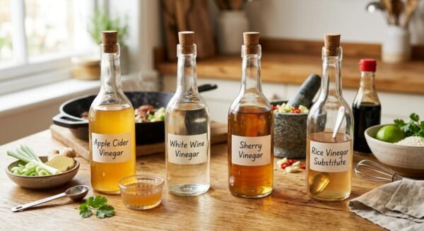 A flat-lay of small glass bowls containing various vinegars and citrus juices on a wooden kitchen counter, showing alternatives for rice wine vinegar