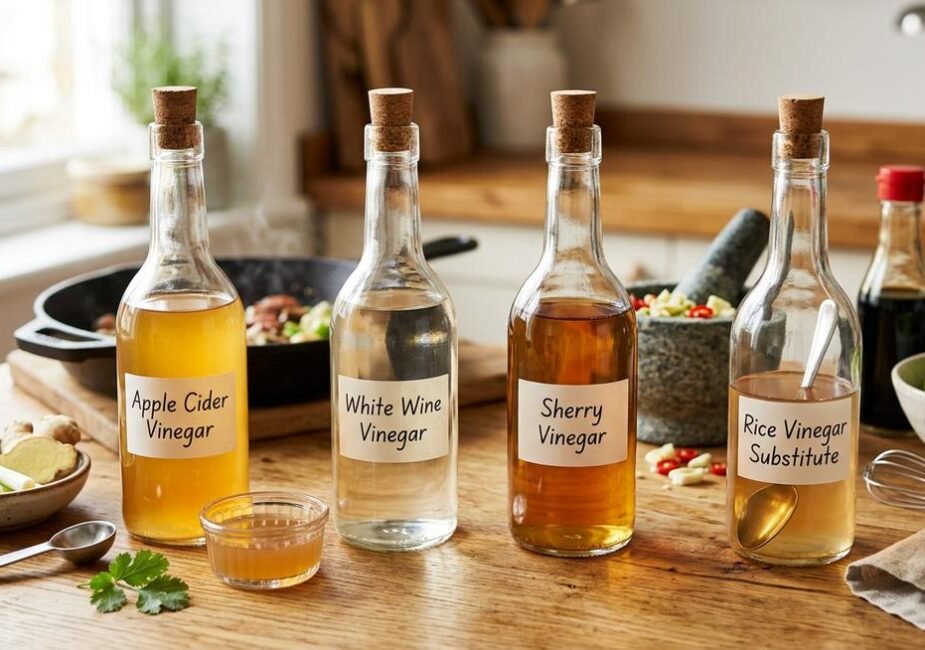 A flat-lay of small glass bowls containing various vinegars and citrus juices on a wooden kitchen counter, showing alternatives for rice wine vinegar