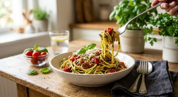 Overhead view of multiple low carb spaghetti alternatives arranged in bowls on a kitchen counter with fresh ingredients and sauces