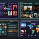 Grid of music and entertainment guessing game interfaces including Spotle, Heardle, Bandle, and movie guessing games