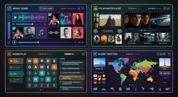 Grid of music and entertainment guessing game interfaces including Spotle, Heardle, Bandle, and movie guessing games