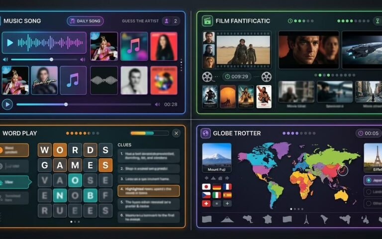 Grid of music and entertainment guessing game interfaces including Spotle, Heardle, Bandle, and movie guessing games