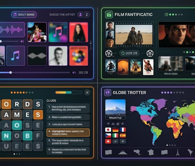 Grid of music and entertainment guessing game interfaces including Spotle, Heardle, Bandle, and movie guessing games