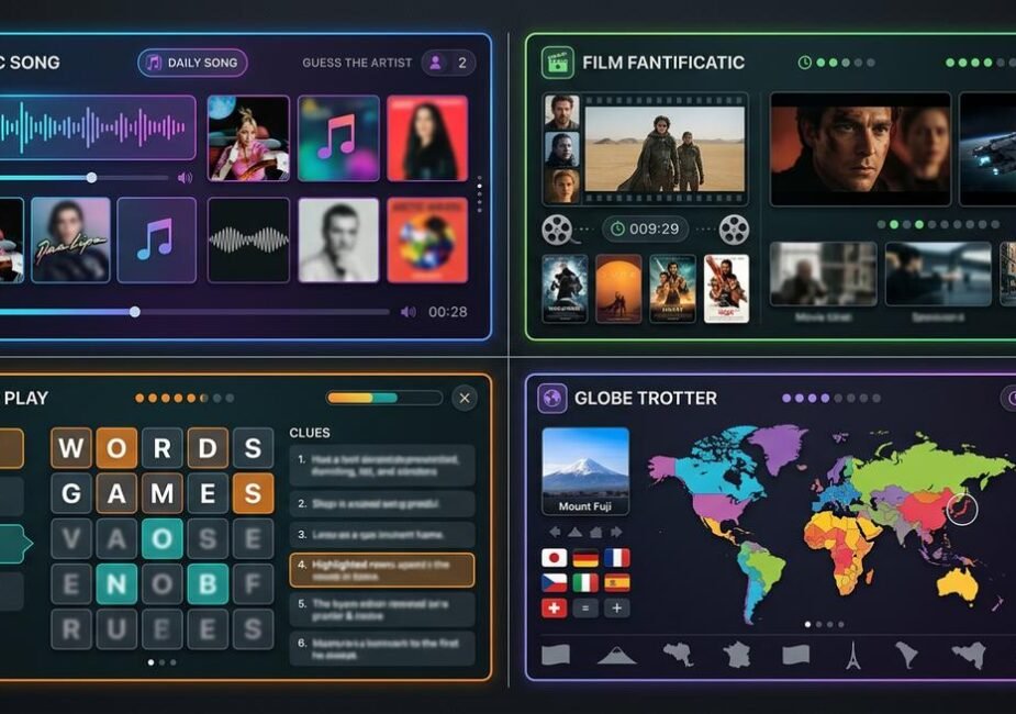 Grid of music and entertainment guessing game interfaces including Spotle, Heardle, Bandle, and movie guessing games