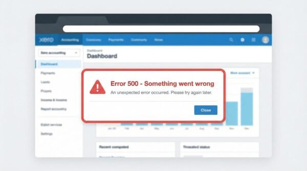 Xero error code 500 displayed as a modal dialog over the Xero accounting dashboard