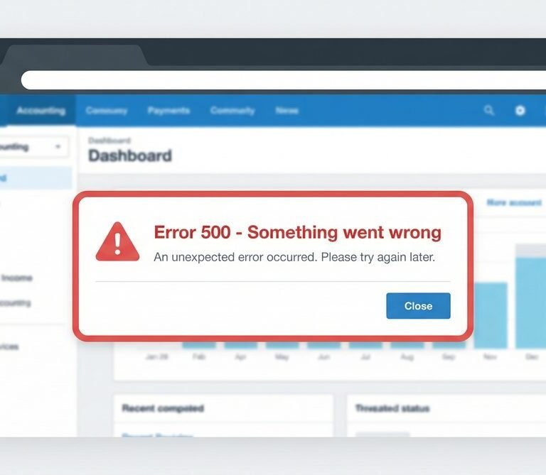 Xero error code 500 displayed as a modal dialog over the Xero accounting dashboard