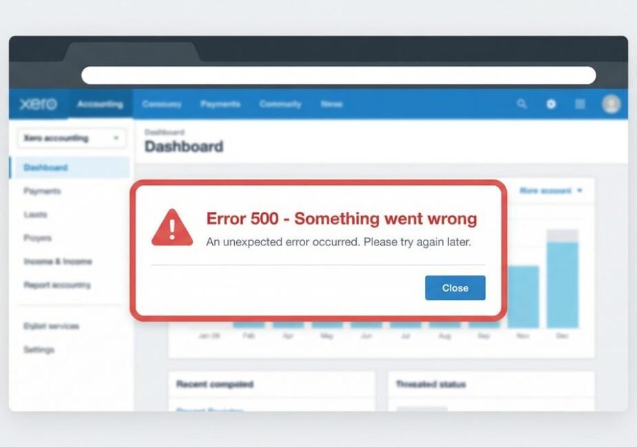 Xero error code 500 displayed as a modal dialog over the Xero accounting dashboard