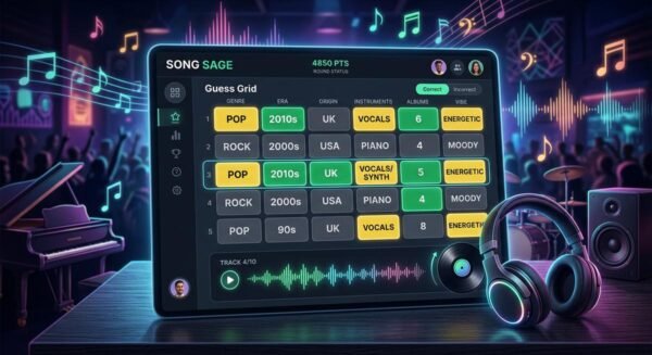 Spotle game board showing color-coded attribute clues across six categories after three guesses
