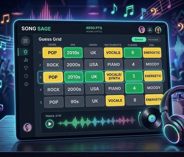 Spotle game board showing color-coded attribute clues across six categories after three guesses