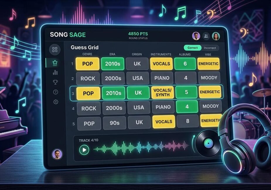 Spotle game board showing color-coded attribute clues across six categories after three guesses